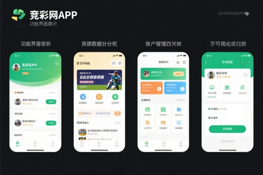 竞彩网APP的功能界面展示,包括赛事资讯、数据分析、个性化推送和账户管理四大板块的可视化界面
