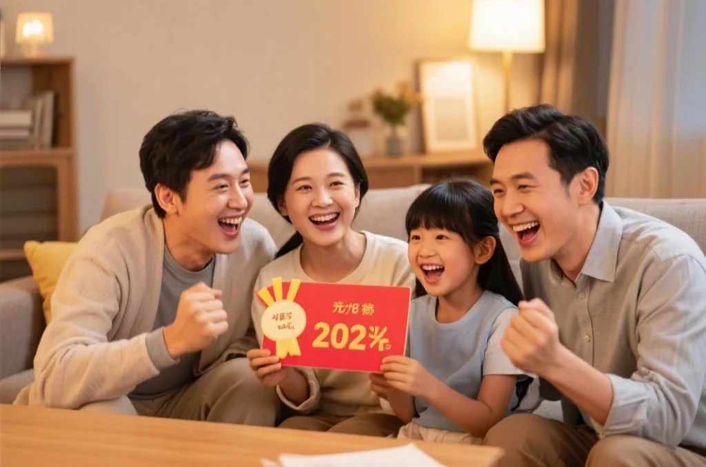 温馨家庭成员围坐在一起,分享中奖喜悦,笑容灿烂,背景是温馨的家居环境